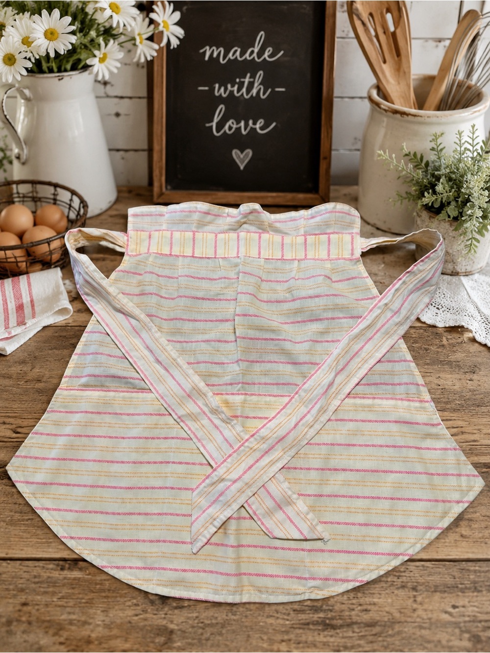 Handmade Yellow Striped Apron -3 Pocket Cotton Kitchen Apron / Cottage Farmhouse